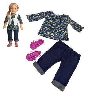 American Girl Weekend Outfit II Doll Denim Capri Pants Floral Top Sandal Shoes